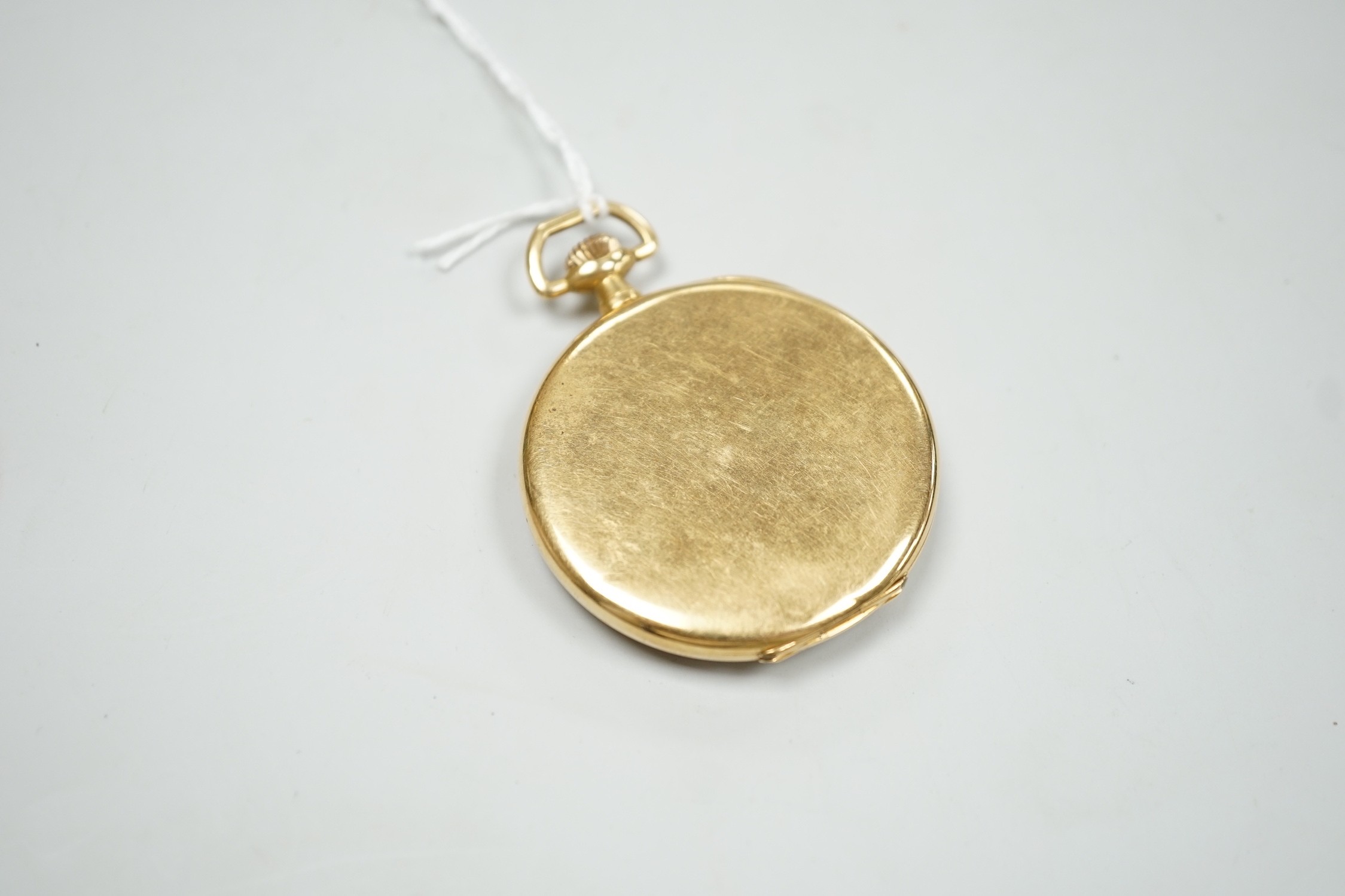 A continental 1920's 18ct gold open faced keyless dress pocket watch, 40mm, gross weight 36.5 grams.